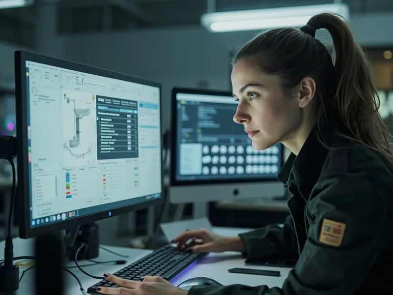 Engenheiro diante de um computador comparando documentos técnicos, código e dados de projeto