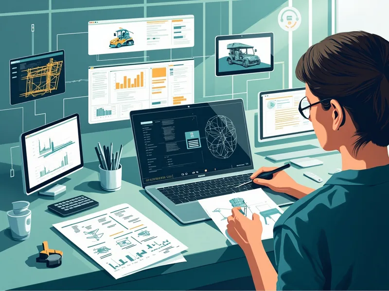Profissional comparando assistentes de texto, pesquisa, cálculo, programação e CAD em uma estação de trabalho