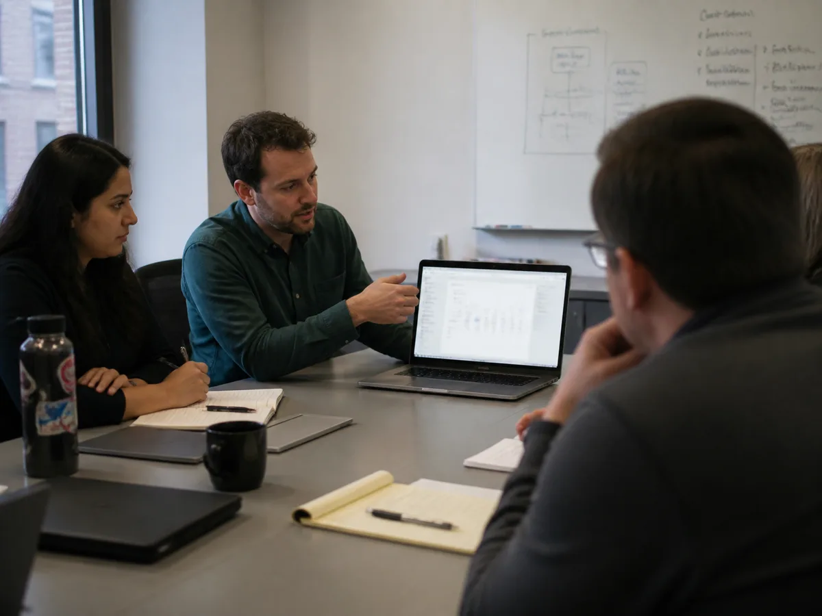 Equipe acompanhando uma demonstração semanal de software em reunião de projeto