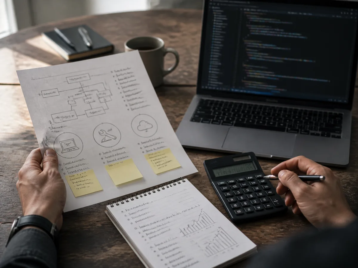 Planta de obra ao lado de wireframes de um sistema, comparando escopo de software a projeto de construção