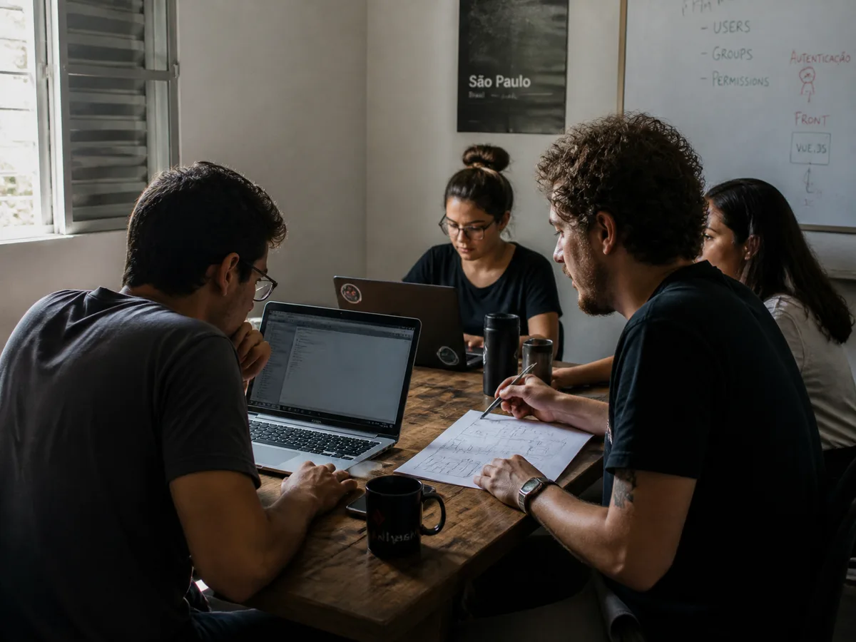 Equipe de produto, design e engenharia reunida em volta de um quadro com o fluxo de um sistema