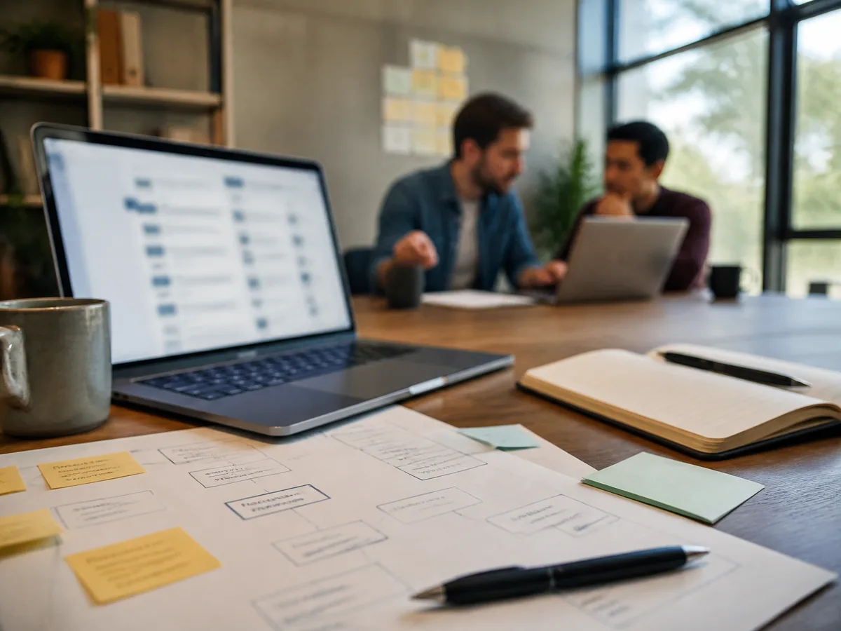 Gestor e equipe de uma software house revisando em reunião o protótipo de um sistema interno
